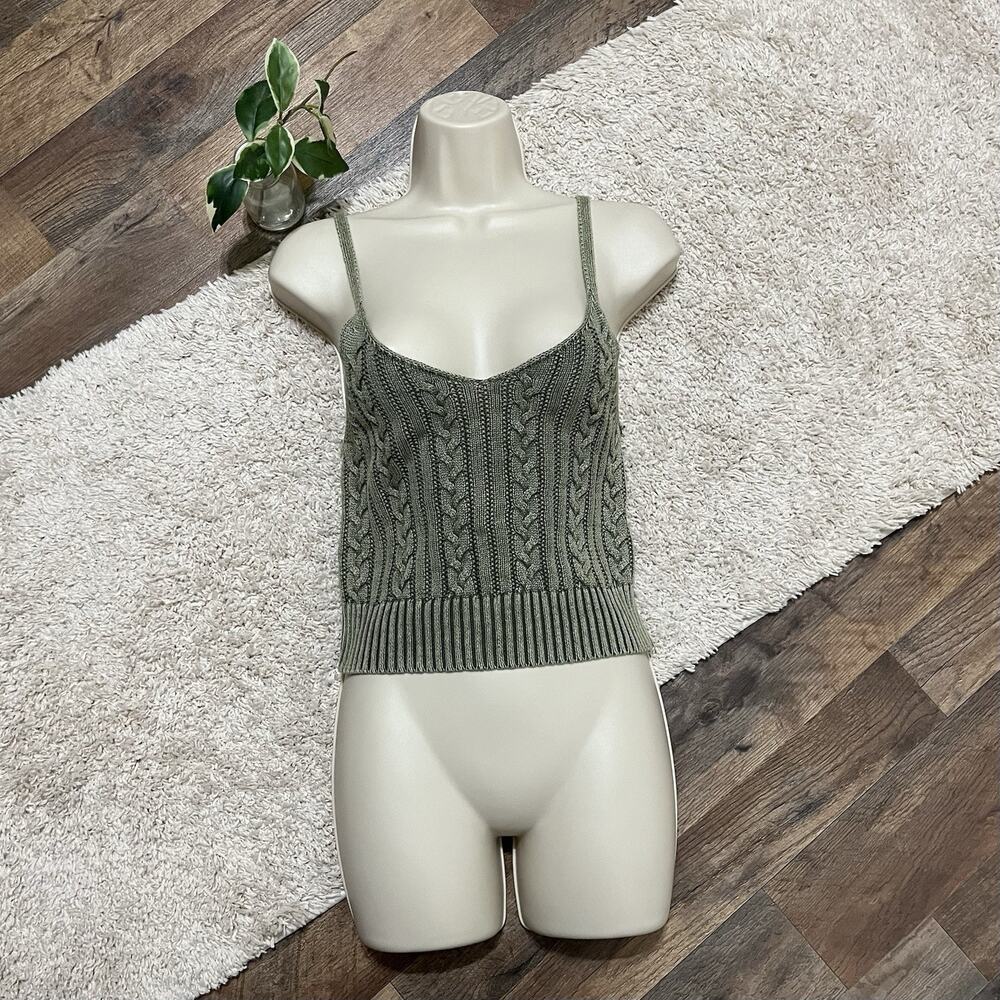 American Eagle Size Small Olive Green Cable Knit Cropped V Neck Sweater Tank Top